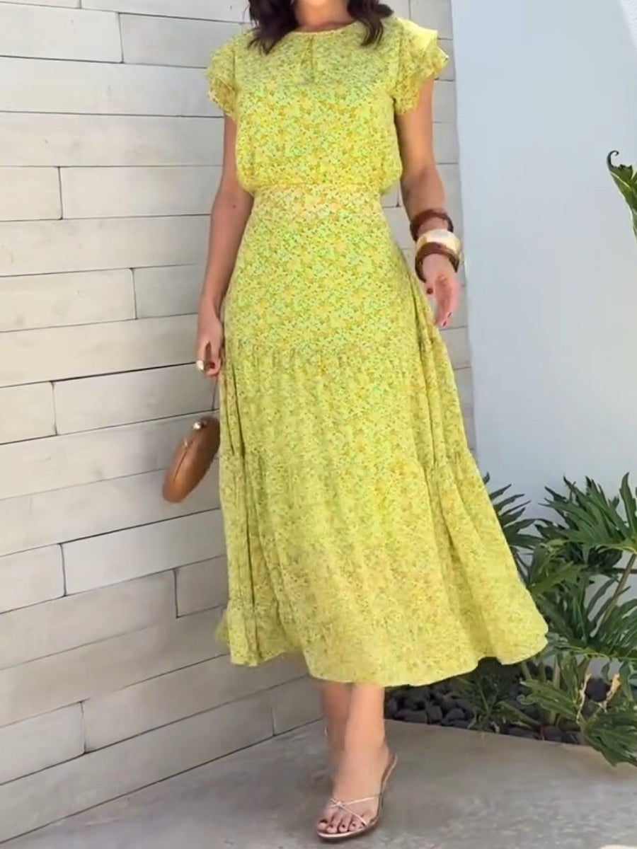 Green Floral Frill Sleeve Belt Midi Dress