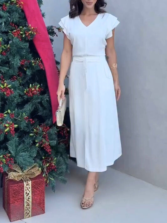 Ruffle-Shoulder Fit & Flare Midi Dress