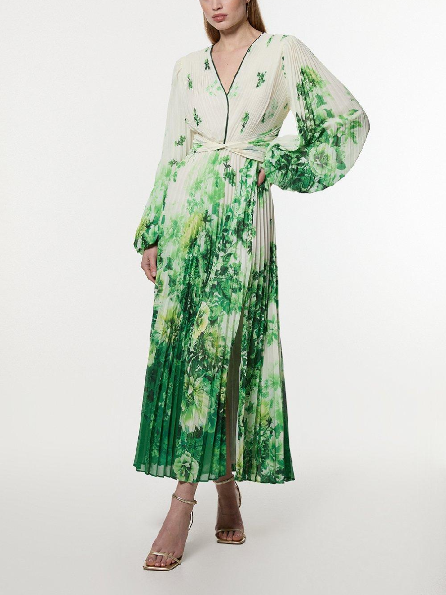 Ombre Floral Soft Pleated Cut Out Woven Maxi Dress