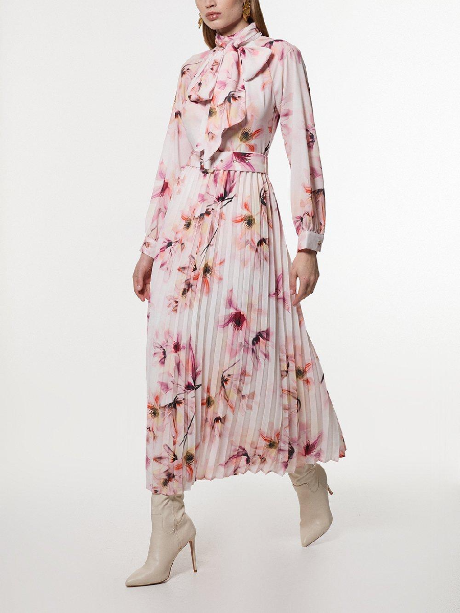 Tie Neck Woven Belted Floral Print Maxi Dress