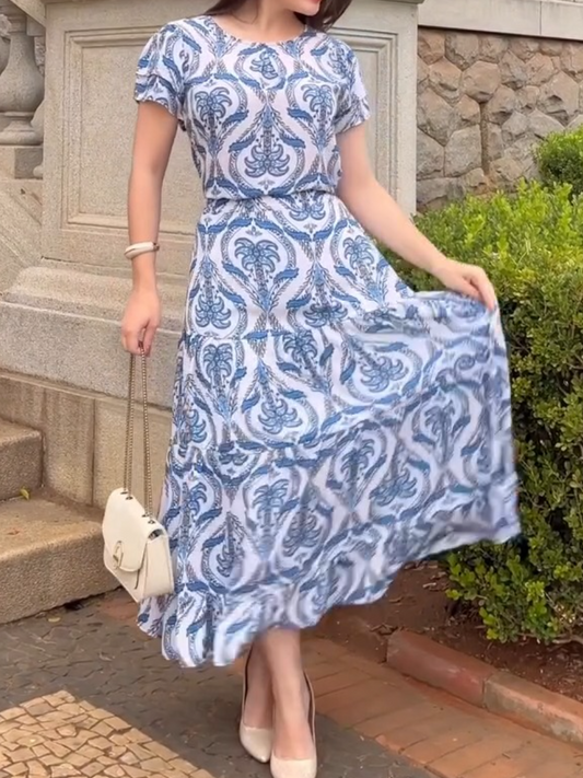 Women Elegant Crew Neck Printed Dress Set