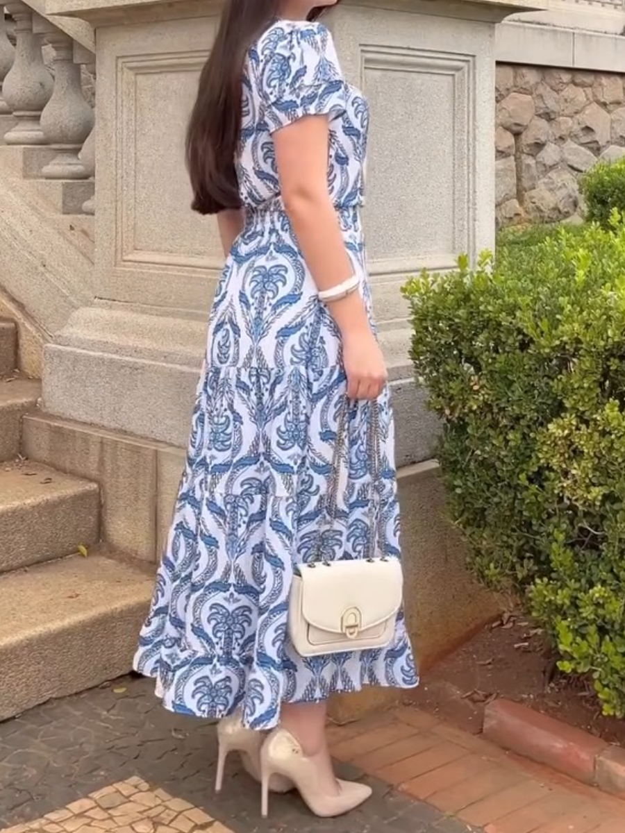 Women Elegant Crew Neck Printed Dress Set