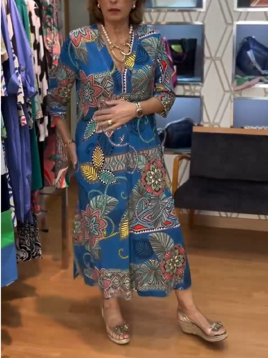 Vintage Printed V-neck Midi Dress