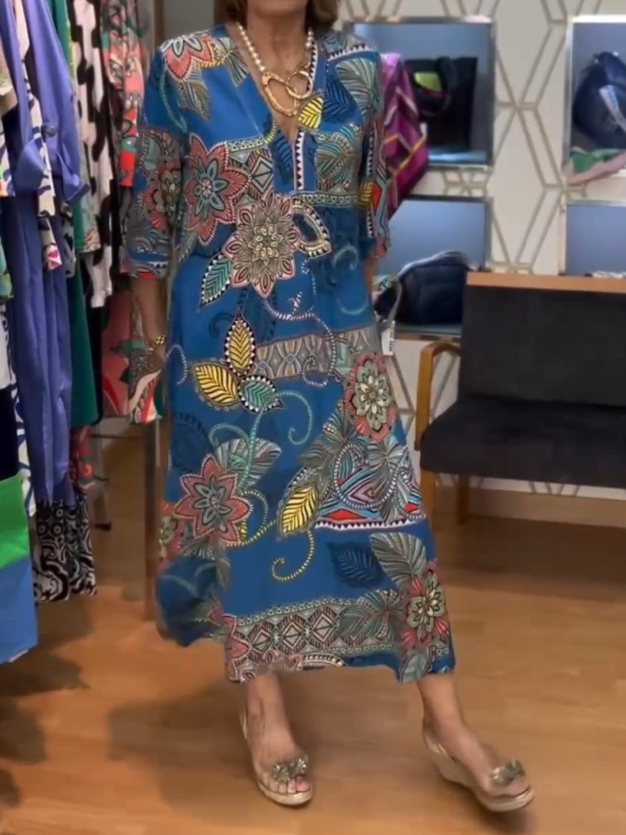Vintage Printed V-neck Midi Dress