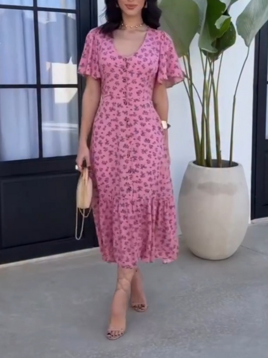 Elegant V-neck Short Sleeve Midi Dress