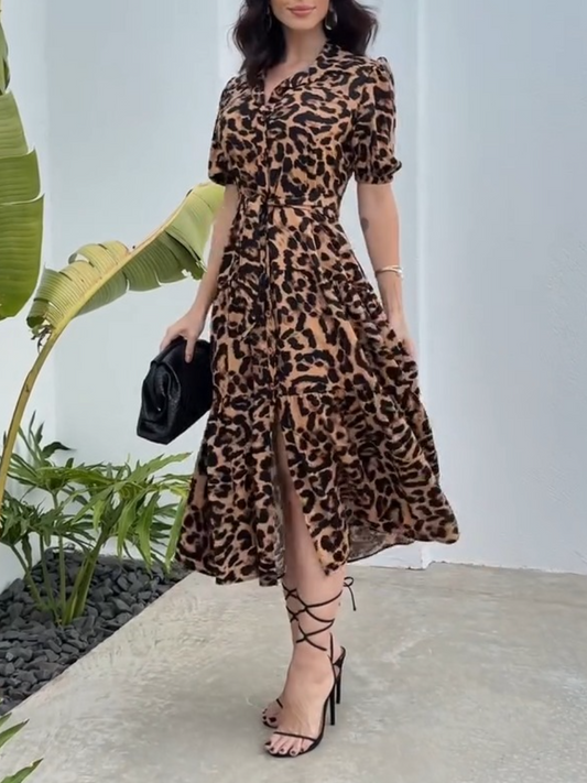 Golden Leopard Print Midi Dress