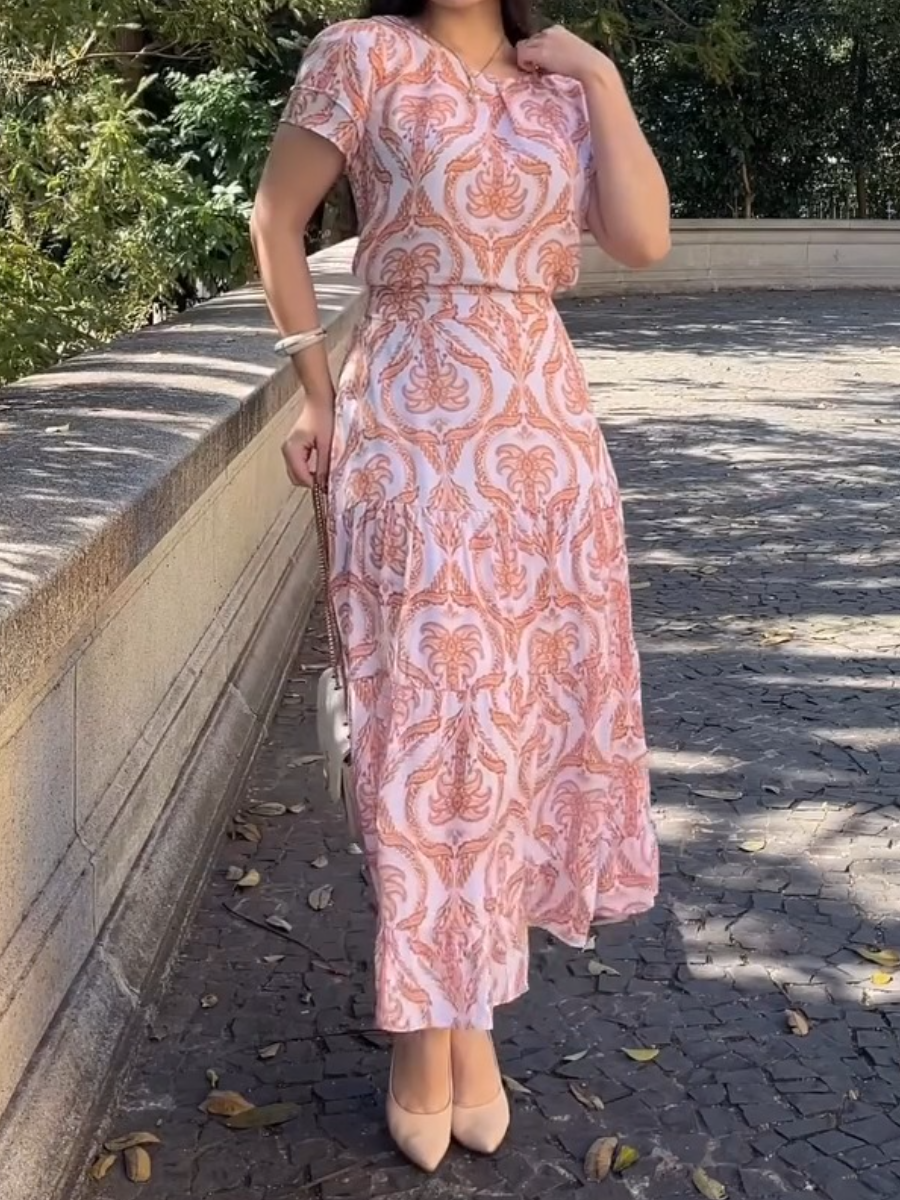 Women Elegant Crew Neck Printed Dress Set