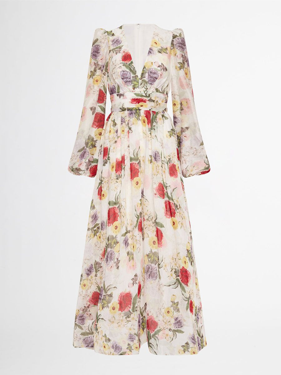 Floral Printed Deep V Neck Dress