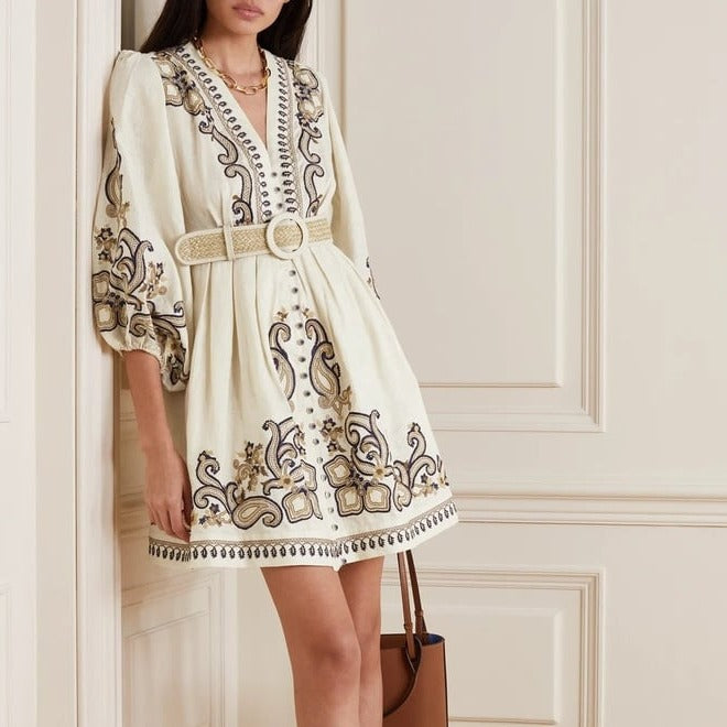 Embroidered Belted Dress