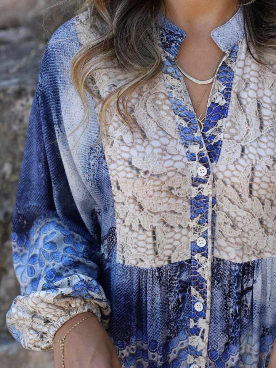 Blue Loose Long-sleeved Dress