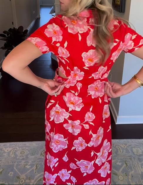 Red Flower Printed Dress With Pockets