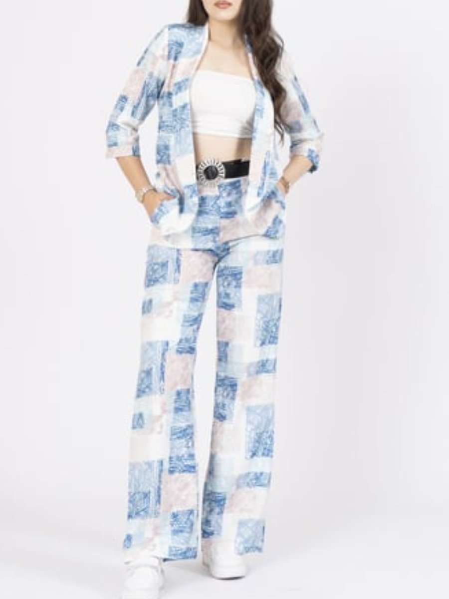 Three-Quarter Sleeve Shawl Collar Jacket And Belted Wide-Leg Pants Set