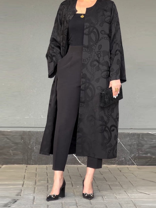 Long-Sleeved Crew Neck Printed Long Coat