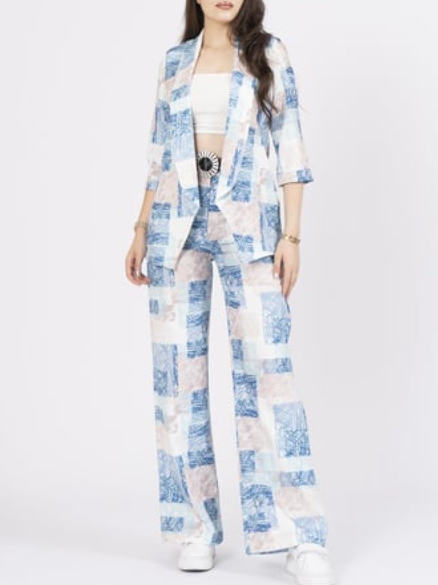 Three-Quarter Sleeve Shawl Collar Jacket And Belted Wide-Leg Pants Set