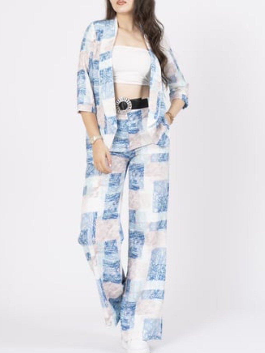 Three-Quarter Sleeve Shawl Collar Jacket And Belted Wide-Leg Pants Set